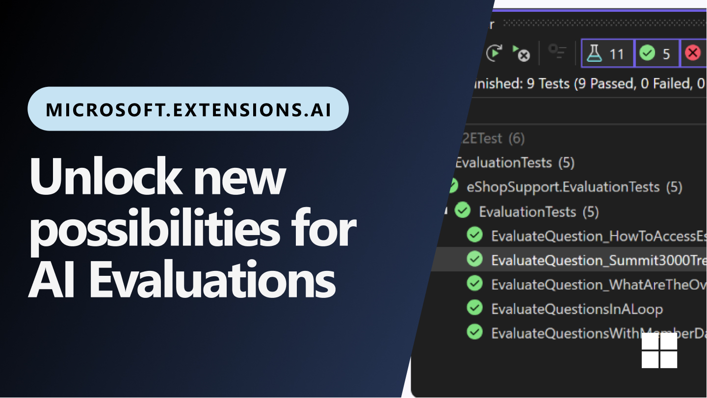本文翻译自Wendy Breiding的Unlock new possibilities for AI Evaluations for .NET
Microsoft.Extensions.AI.Evaluations 库旨在简化AI评估流程与应用程序的集成。它提供了一个强大的框架,用于评估您的 AI 应用程序并自动评估其性能。
去年11月,我们发布了该库的公开预览版。今天,我们很高兴地宣布,它现已在 dotnet/Extensions 存储库中开源。该代码仓库中包含了一套提供开发生产就绪应用所需的常用功能的库。通过向所有人开放该资源,我们希望帮助开发者更高效地在项目中利用 AI 的强大能力。
新的示例代码
为了帮助您快速上手 Microsoft.Extensions...